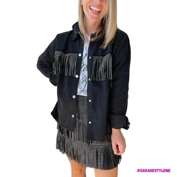 Main Strip Stud Fringe Raw Hem Oversized Black Denim Jacket Shacket CJ60713 - Picture 5 of 16